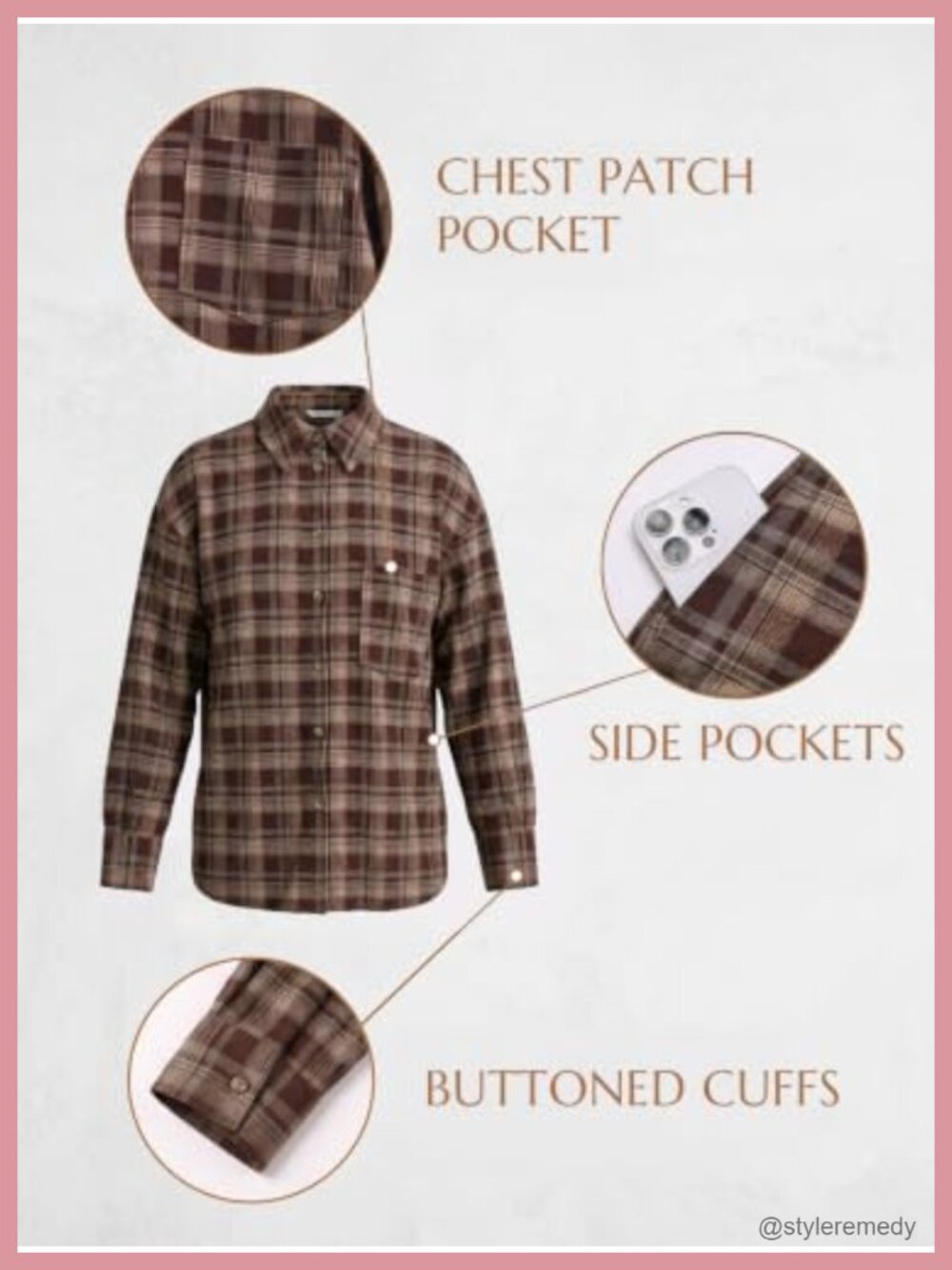 Plaid Button Down Shirt Long Sleeve Curved Hem Shacket Relaxed Fit - Picture 5 of 6
